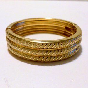 Gold Tone Diagonal White Enamel Striped Hinged Bangle Bracelet